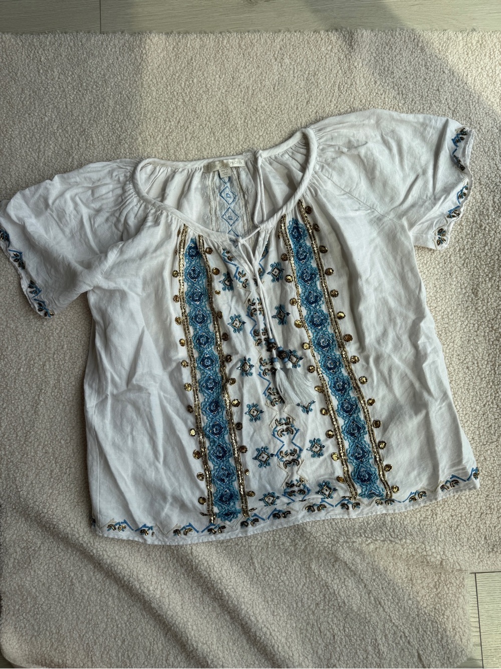 Boston Proper White Beaded Peasant Blouse